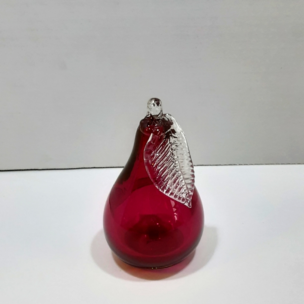 Vintage Cranberry Red Blown Art Glass Pear Paperweight Figurine Fruit Decor